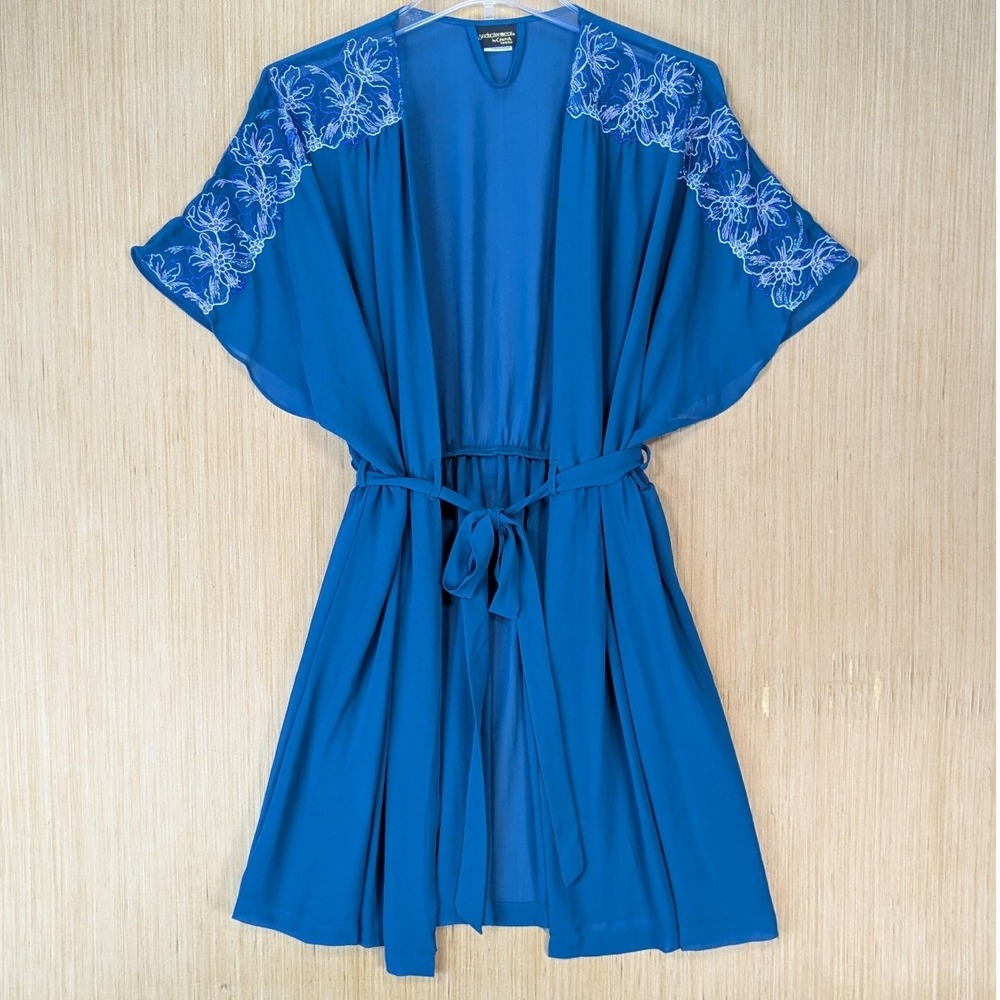 Cinema Etoile Seductivewear Blue Sheer Chiffon Floral Embroidered Robe XL